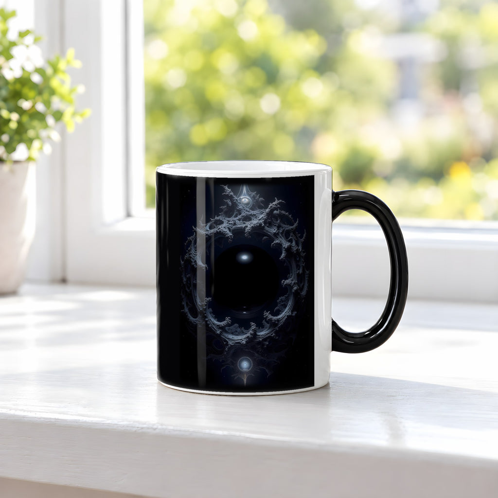 Das Auge der Leere – Black Edition Zaubertasse mit Motiv (heiß), auf der Fensterbank