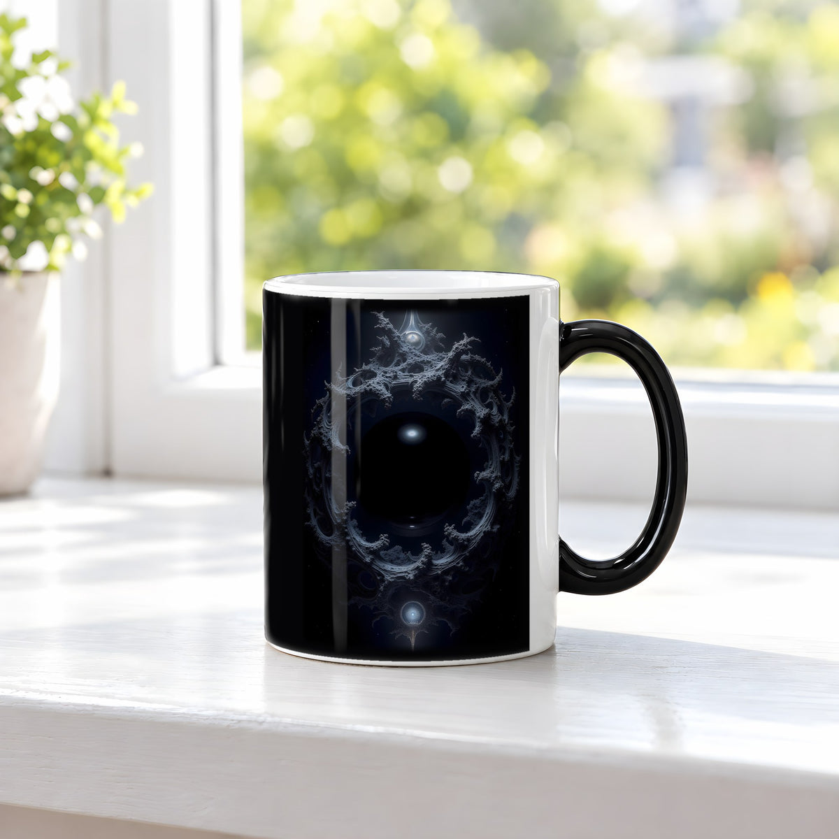 Das Auge der Leere – Black Edition Zaubertasse mit Motiv (heiß), auf der Fensterbank