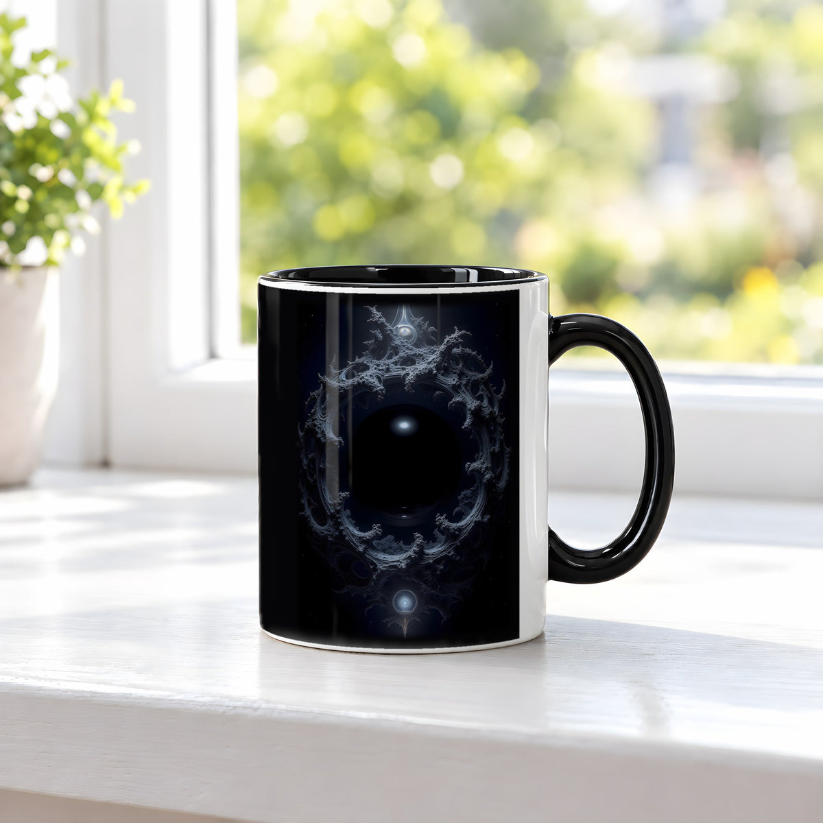 Das Auge der Leere – Tasse innen schwarz, auf der Fensterbank