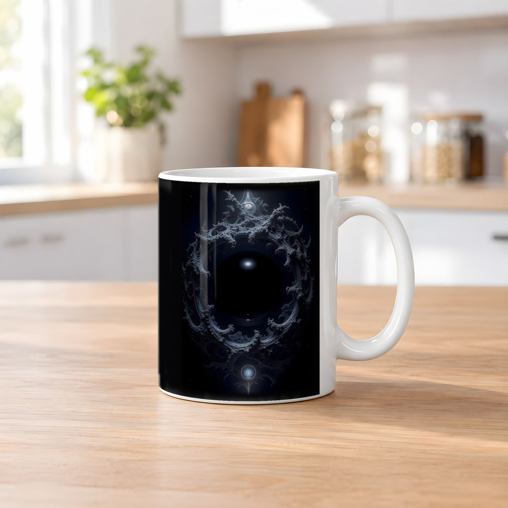 Das Auge der Leere – weiße Tasse, auf dem Küchentresen