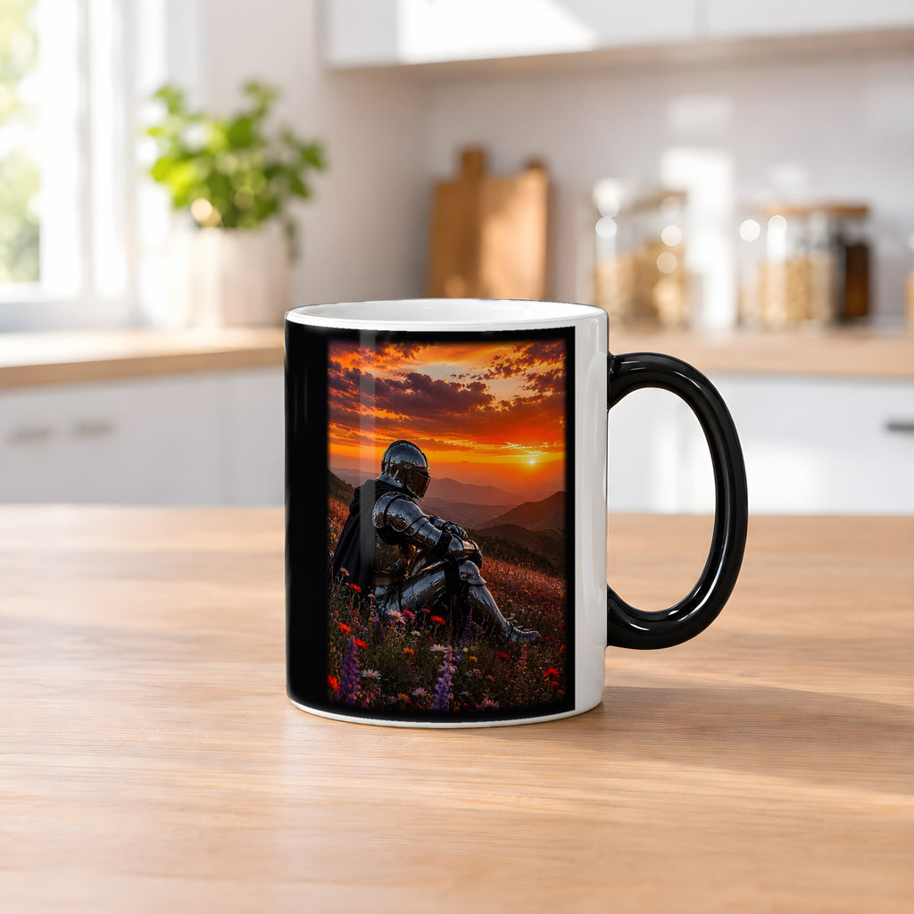 Am Ende des Tages – Black Edition Zaubertasse mit Motiv (heiß), auf dem Küchentresen