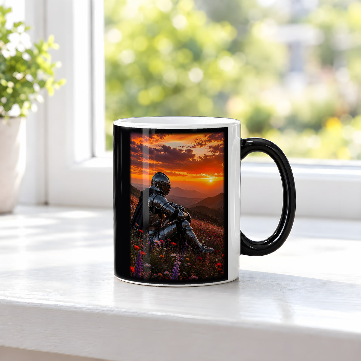 Am Ende des Tages – Black Edition Zaubertasse mit Motiv (heiß), auf der Fensterbank
