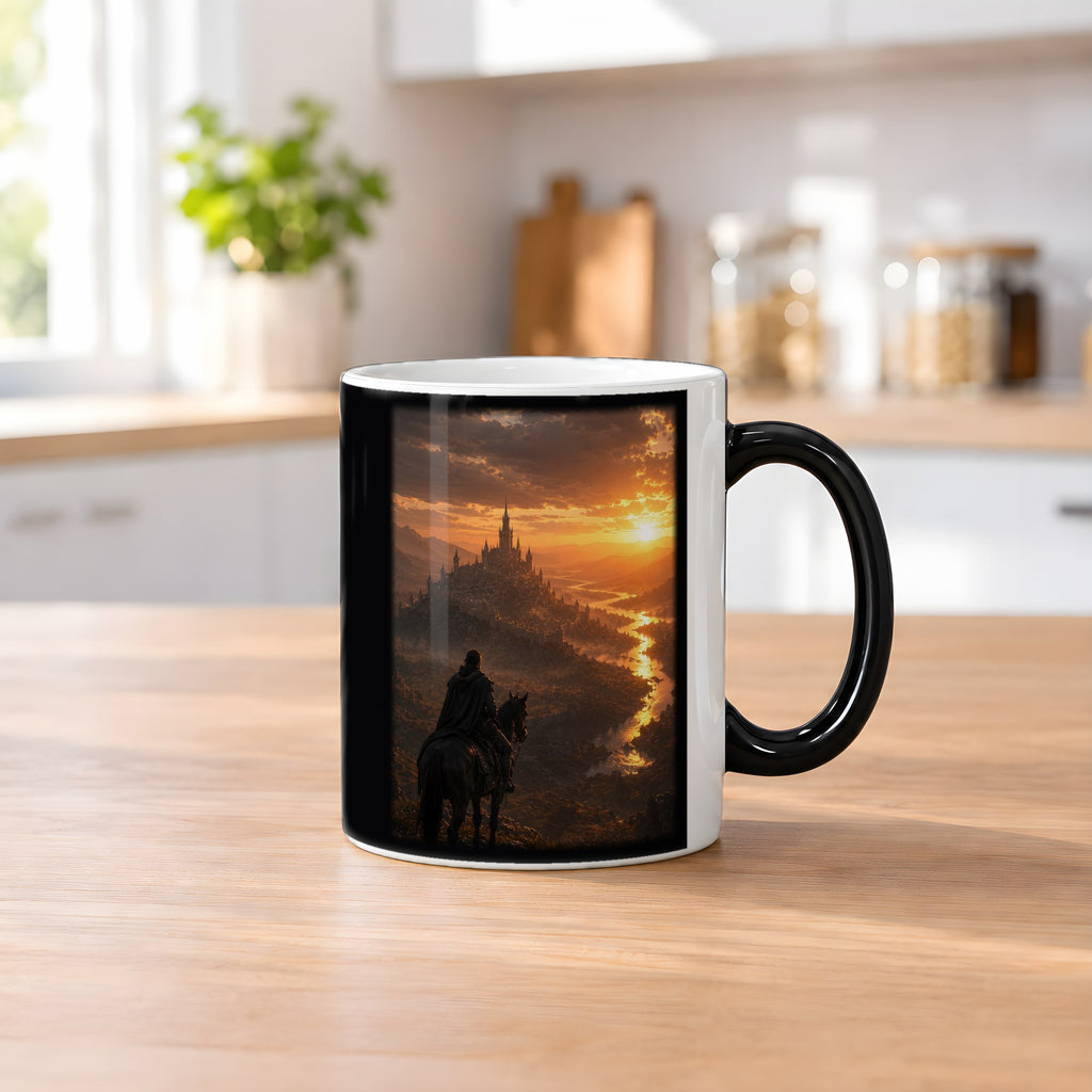 Am stillen Fluss – Black Edition Zaubertasse mit Motiv (heiß), auf dem Küchentresen