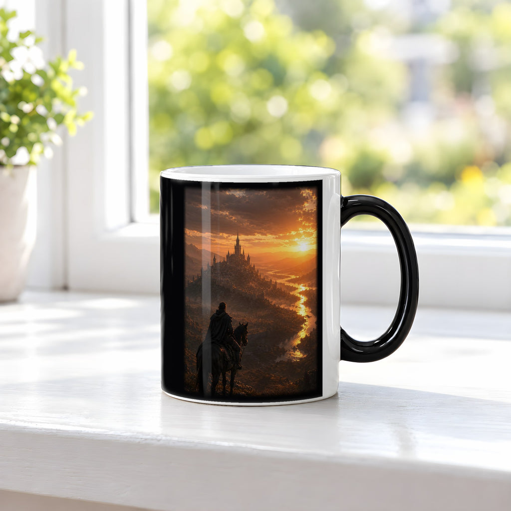 Am stillen Fluss – Black Edition Zaubertasse mit Motiv (heiß), auf der Fensterbank