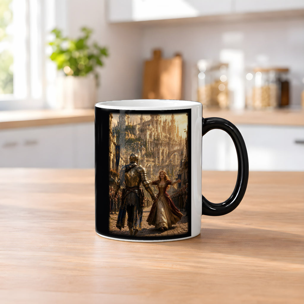 An ihrer Seite – Black Edition Zaubertasse mit Motiv (heiß), auf dem Küchentresen