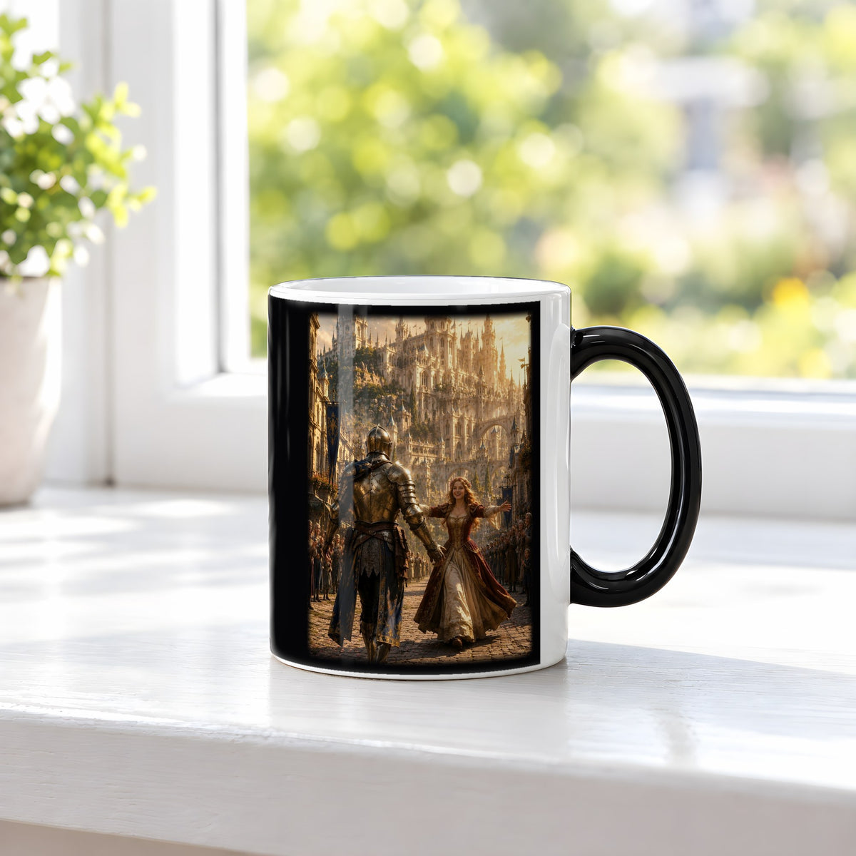 An ihrer Seite – Black Edition Zaubertasse mit Motiv (heiß), auf der Fensterbank