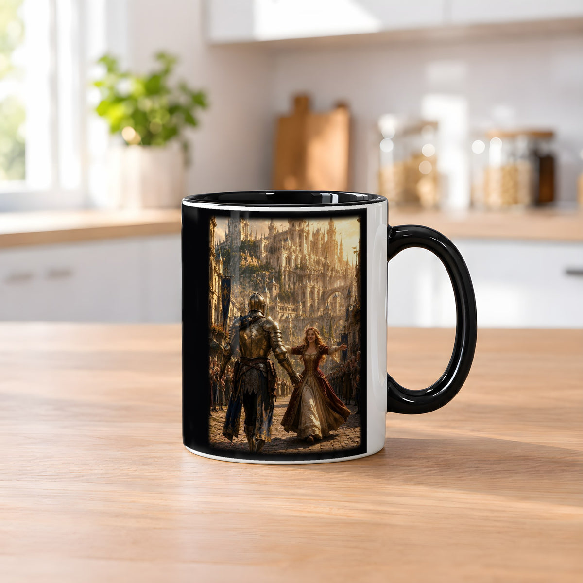 An ihrer Seite – Tasse innen schwarz, auf dem Küchentresen