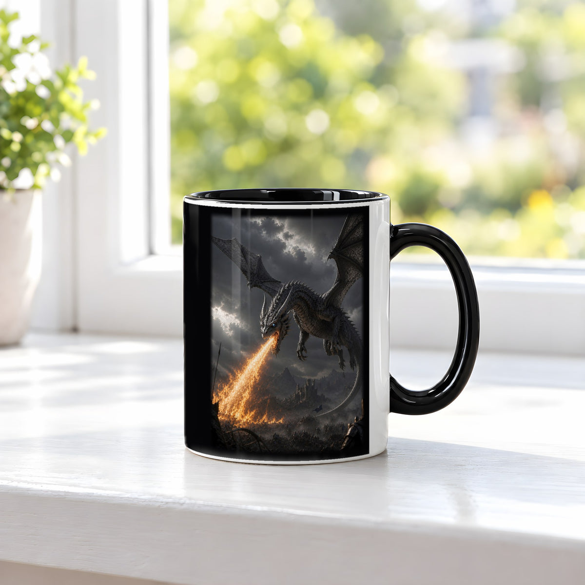 Der Aschesturm – Tasse innen schwarz, auf der Fensterbank