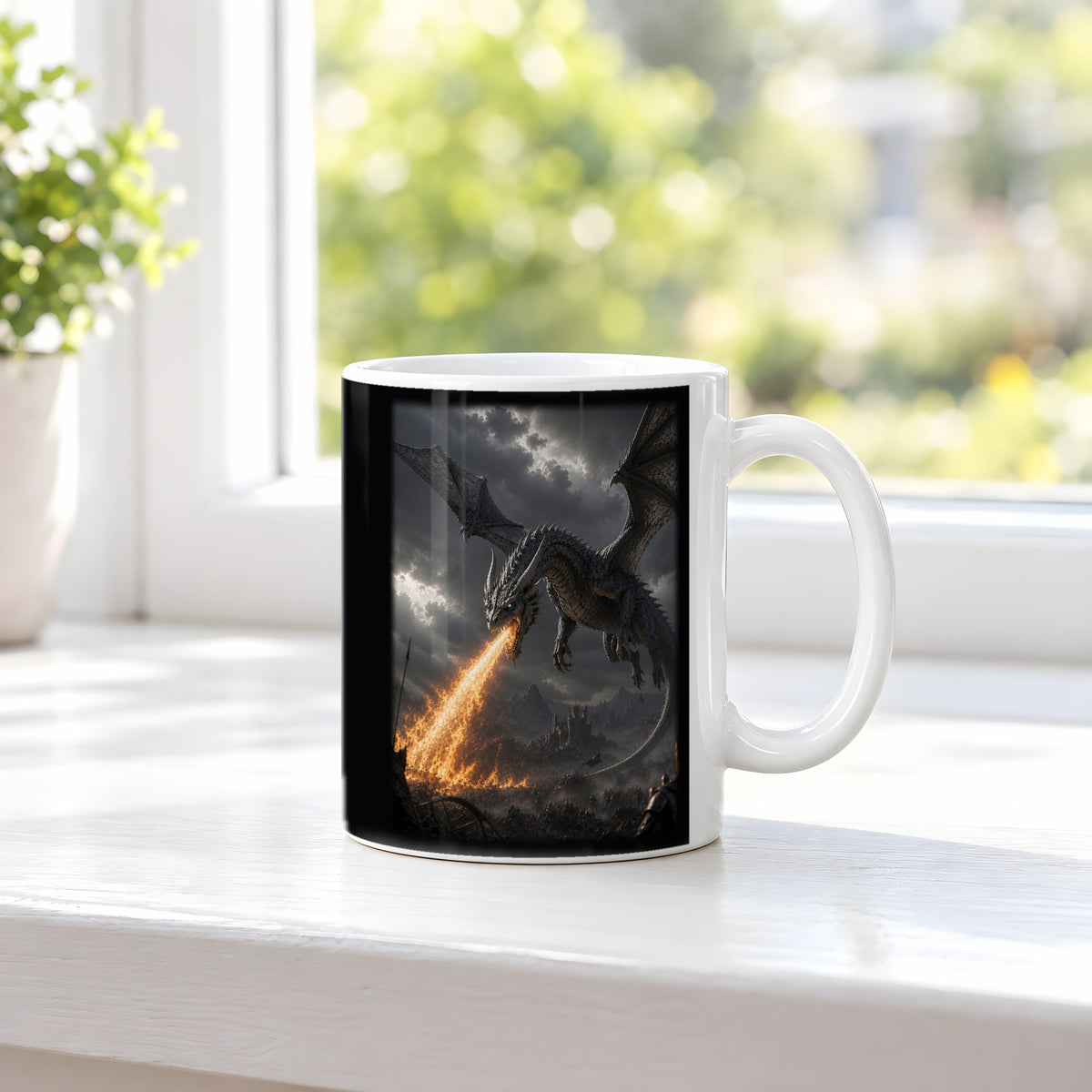 Der Aschesturm – weiße Tasse, auf der Fensterbank