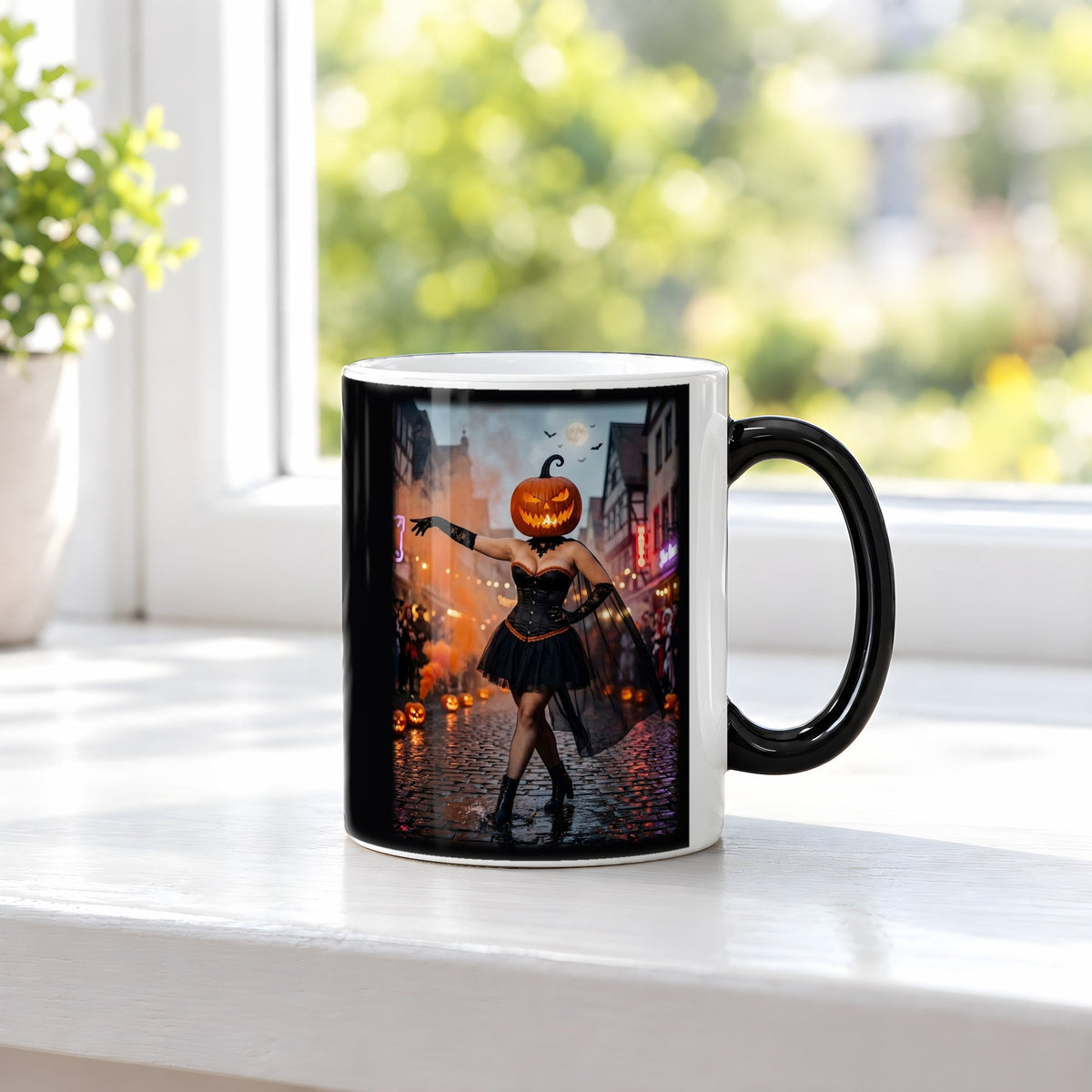 Die Altstadt-Tänzerin – Black Edition Zaubertasse mit Motiv (heiß), auf der Fensterbank