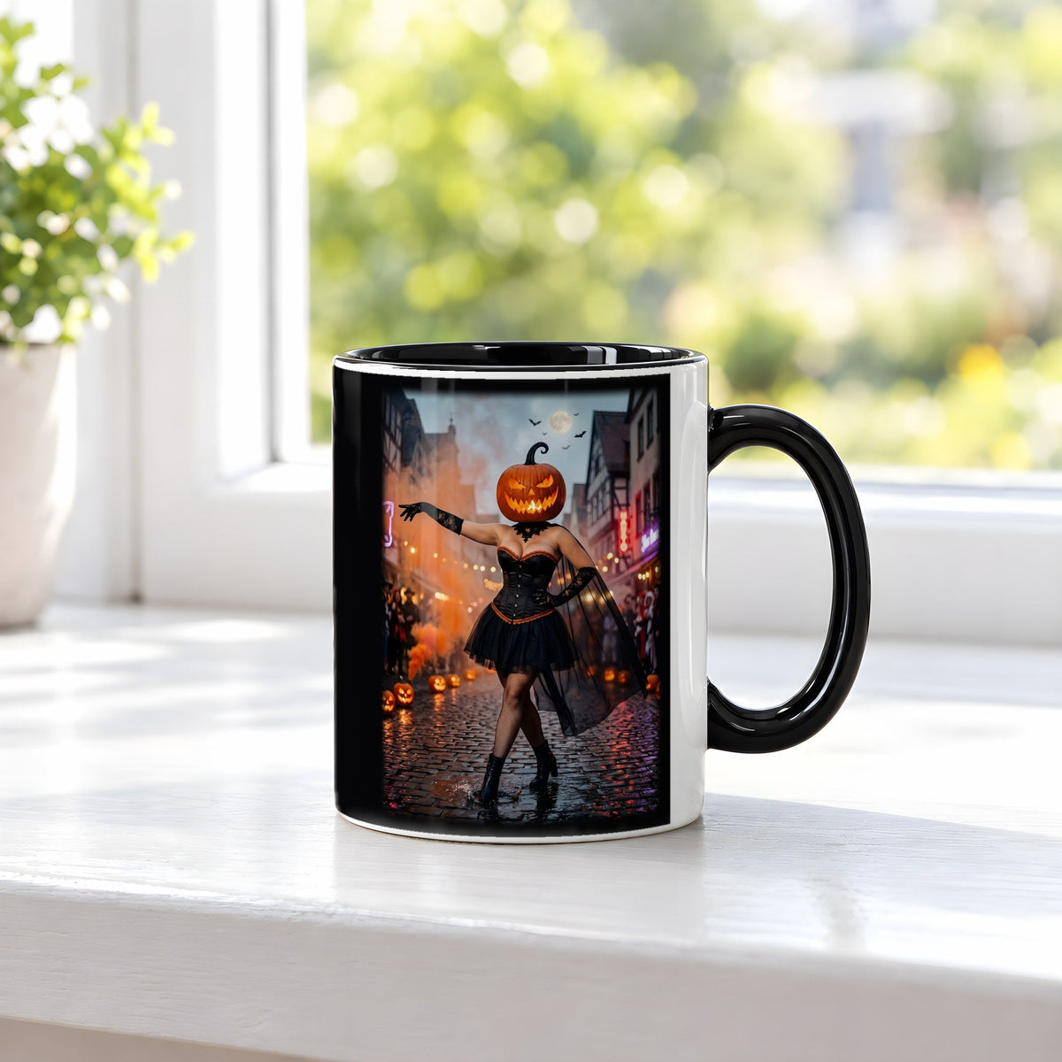 Die Altstadt-Tänzerin – Tasse innen schwarz, auf der Fensterbank