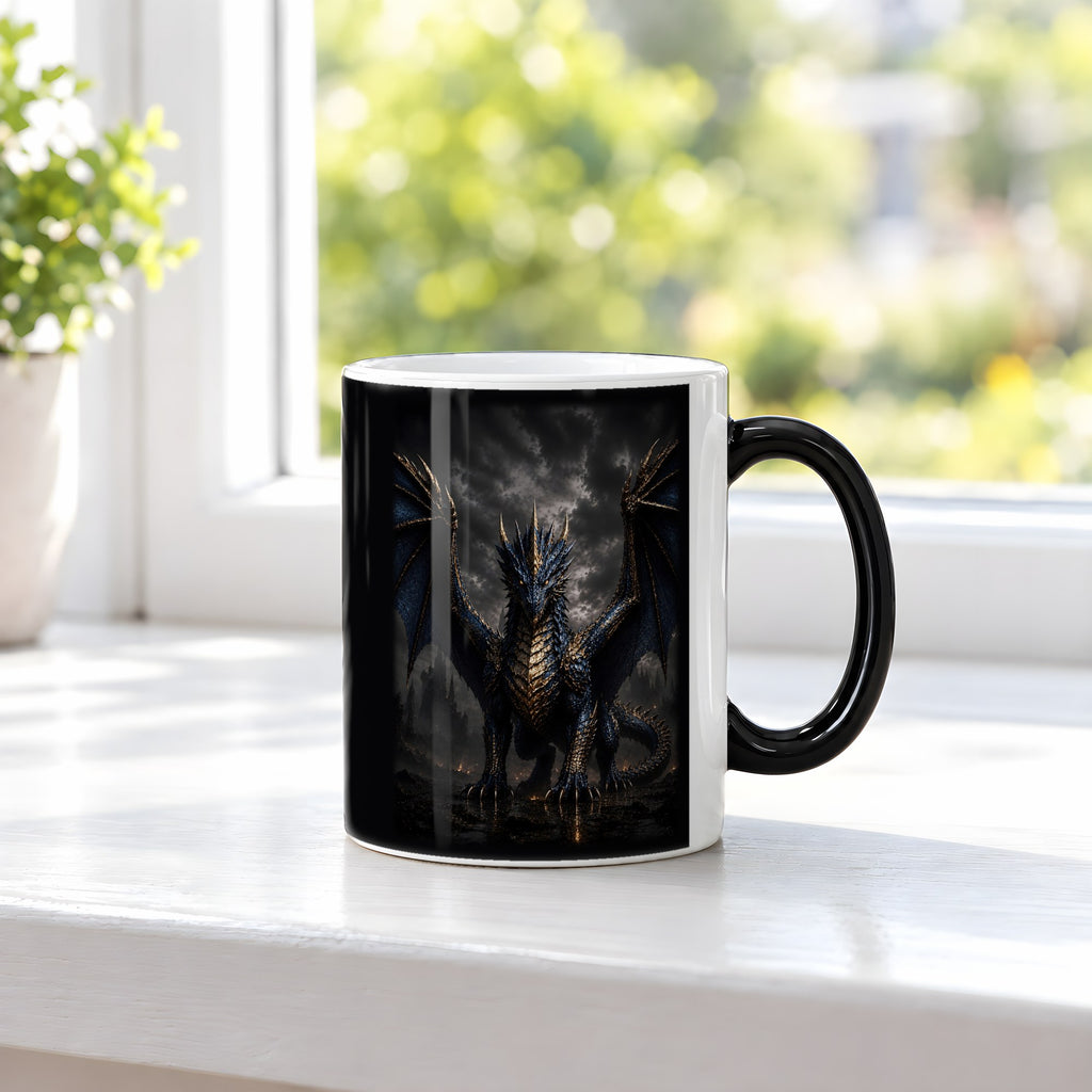 Der Azurdrache – Black Edition Zaubertasse mit Motiv (heiß), auf der Fensterbank