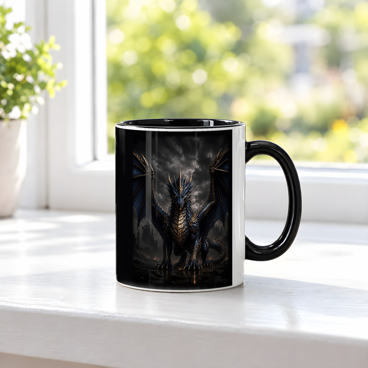 Der Azurdrache – Tasse innen schwarz, auf der Fensterbank