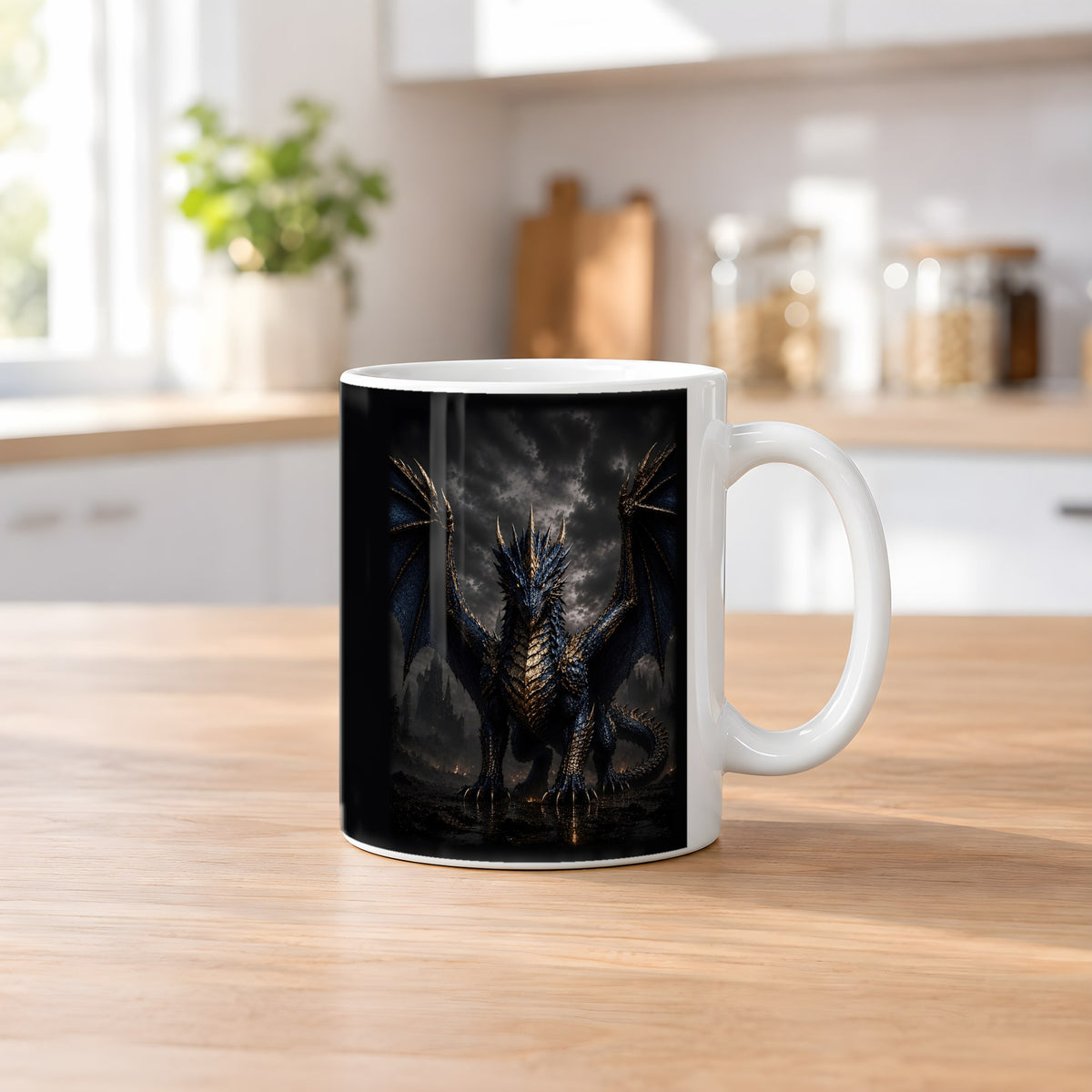Der Azurdrache – weiße Tasse, auf dem Küchentresen