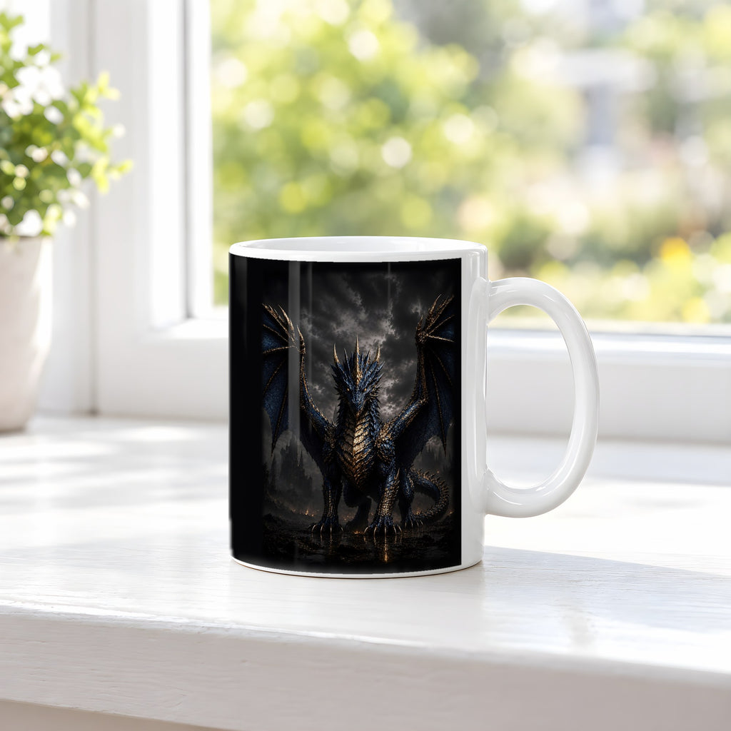 Der Azurdrache – weiße Tasse, auf der Fensterbank