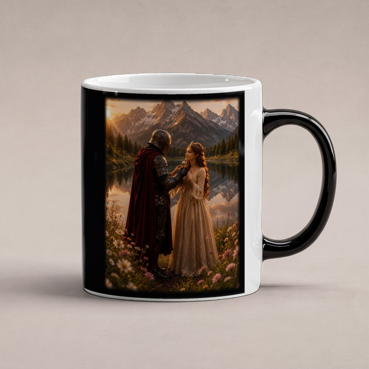 Blüten am Bergsee – Black Edition Zaubertasse mit Motiv (heiß), freigestellt