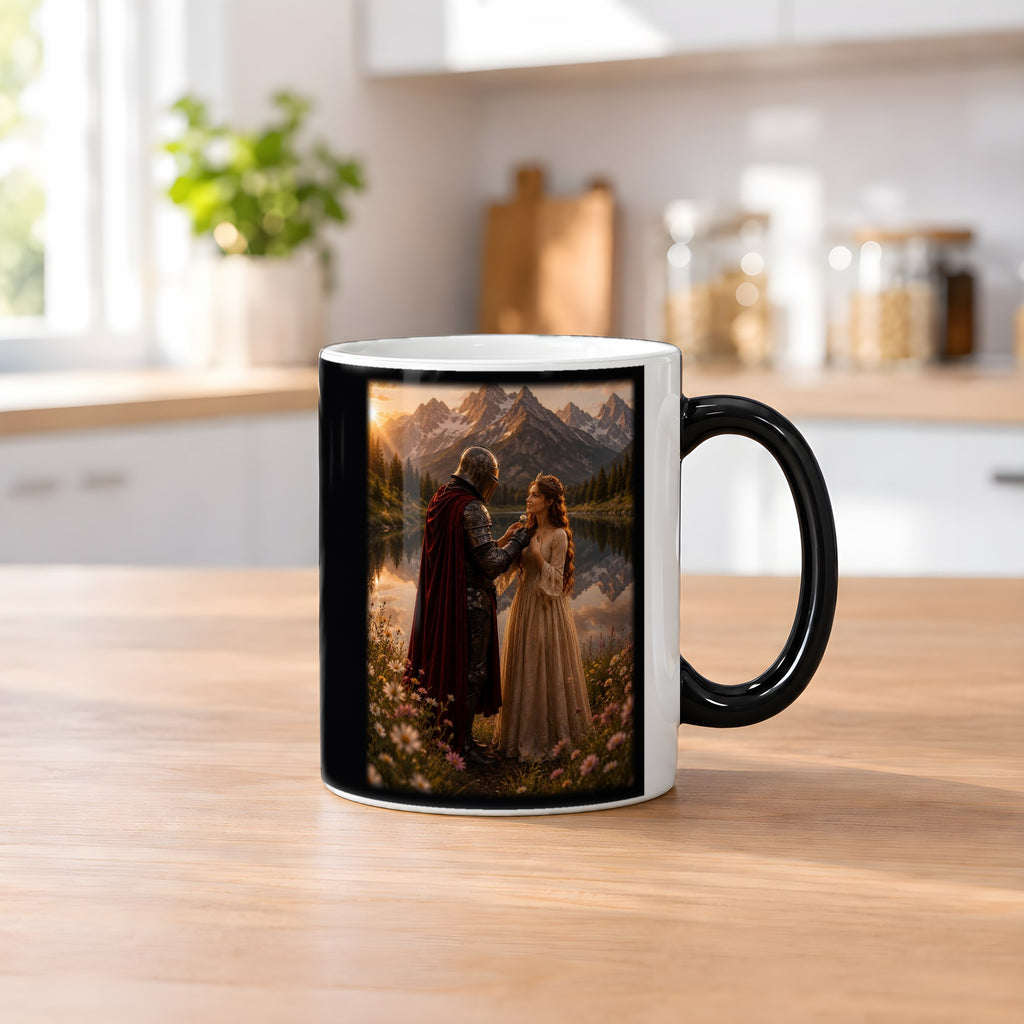 Blüten am Bergsee – Black Edition Zaubertasse mit Motiv (heiß), auf dem Küchentresen