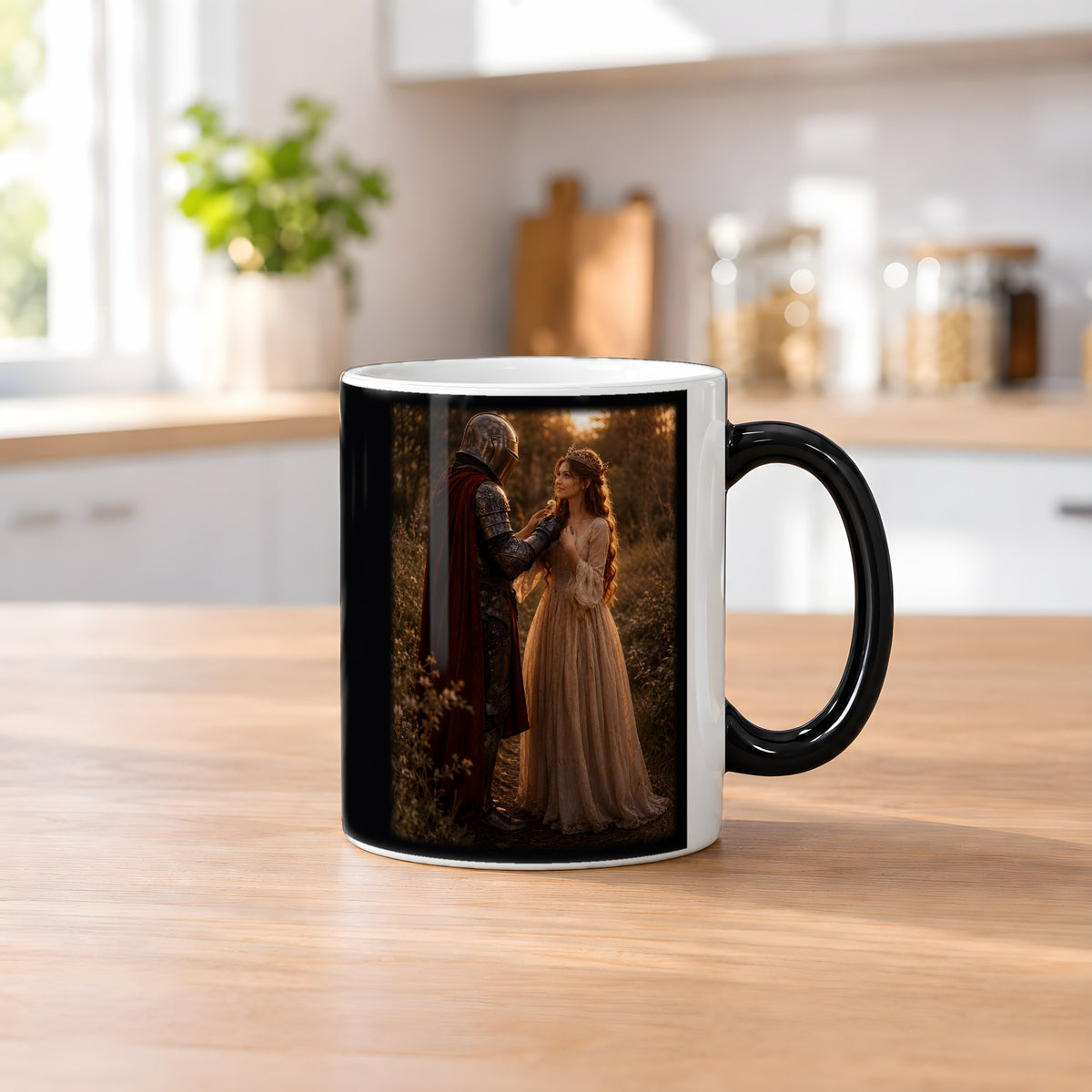 Eine Blume für dich – Black Edition Zaubertasse mit Motiv (heiß), auf dem Küchentresen