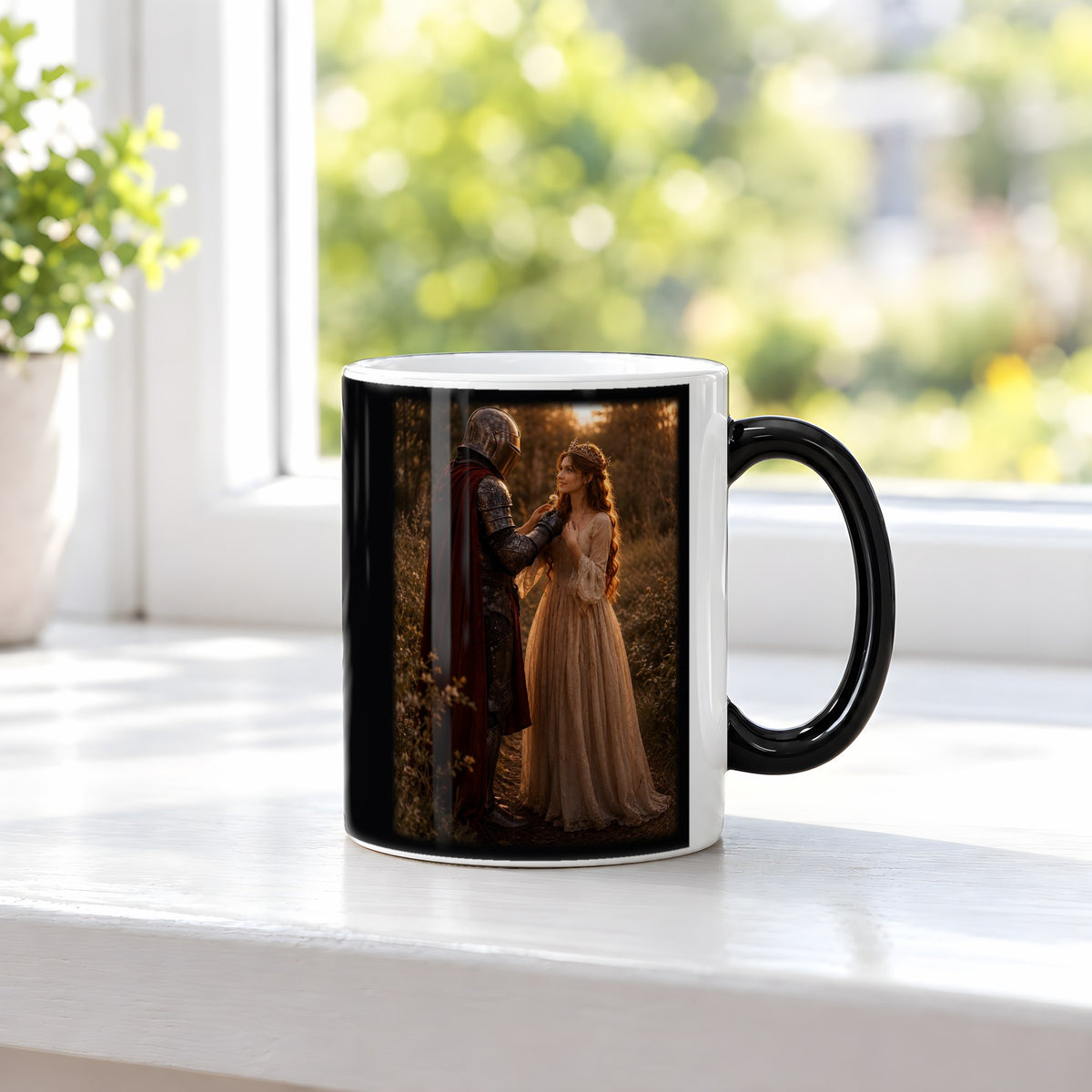 Eine Blume für dich – Black Edition Zaubertasse mit Motiv (heiß), auf der Fensterbank