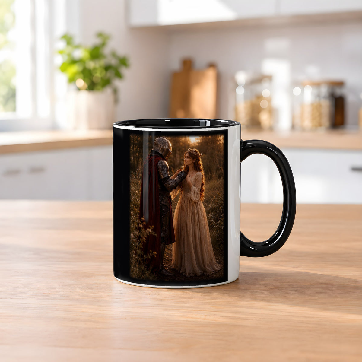 Eine Blume für dich – Tasse innen schwarz, auf dem Küchentresen