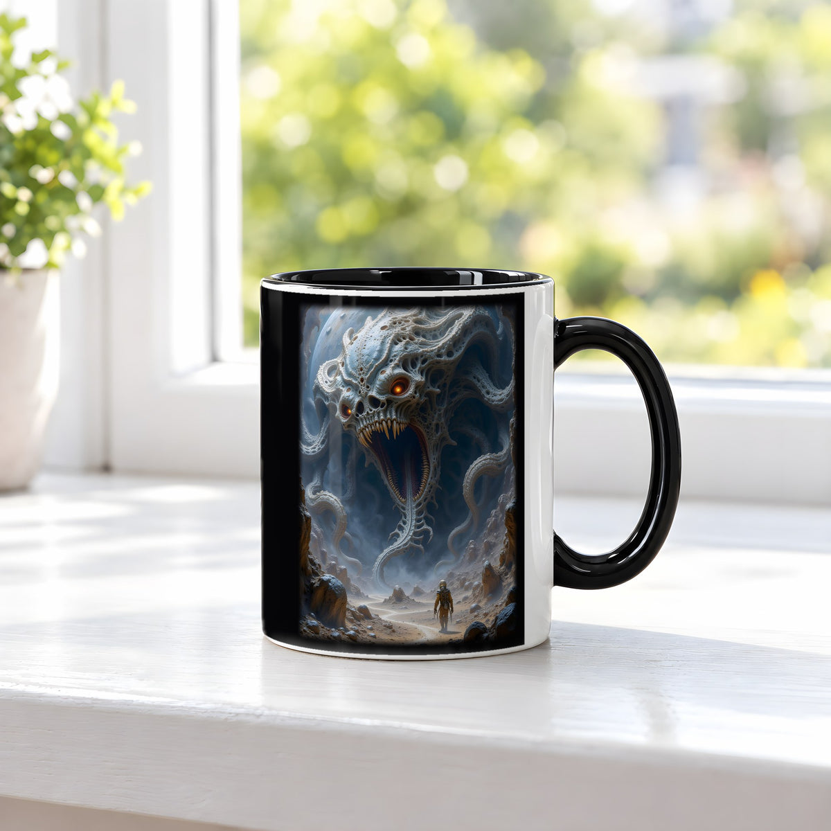 Der Behemoth – Tasse innen schwarz, auf der Fensterbank
