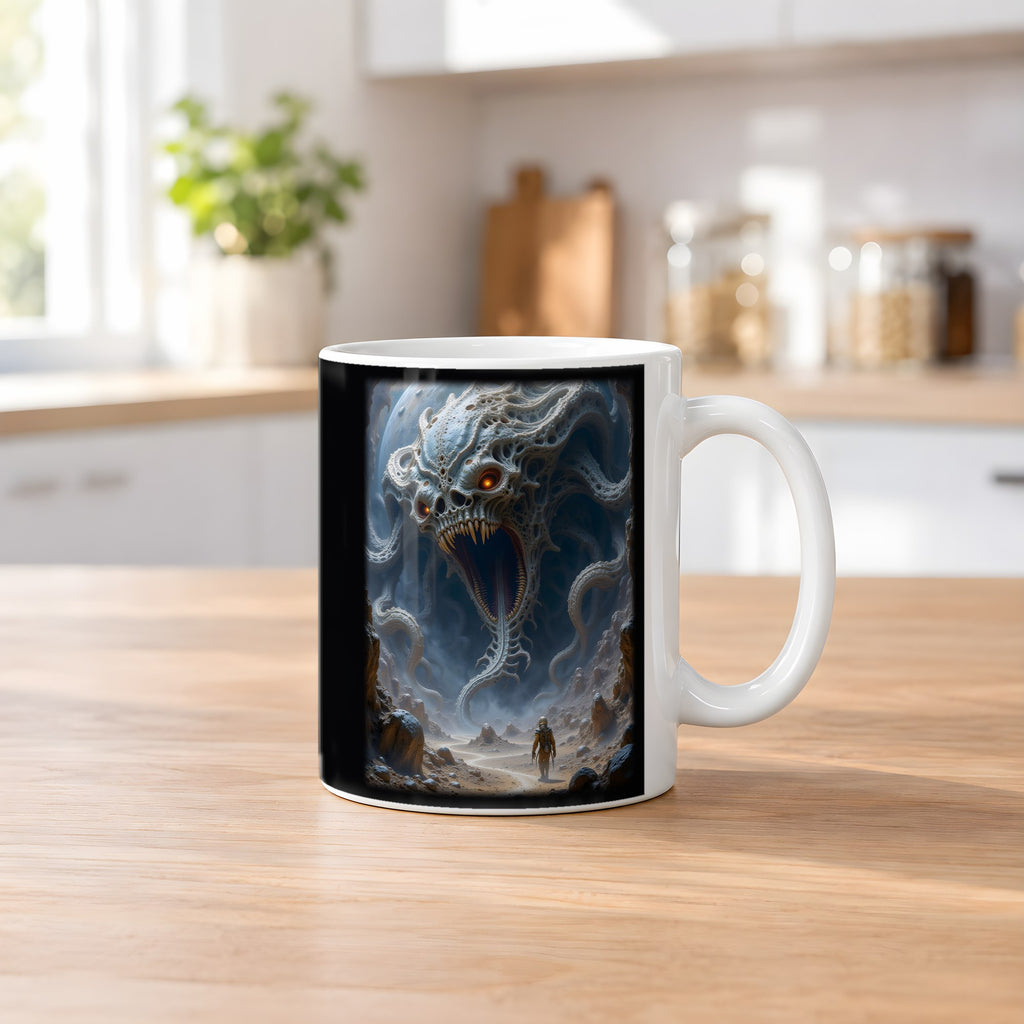 Der Behemoth – weiße Tasse, auf dem Küchentresen