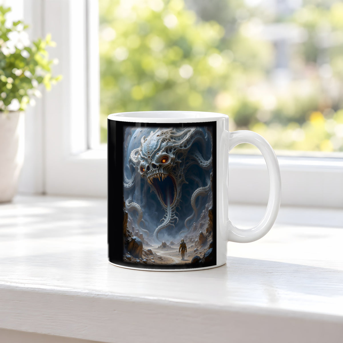 Der Behemoth – weiße Tasse, auf der Fensterbank