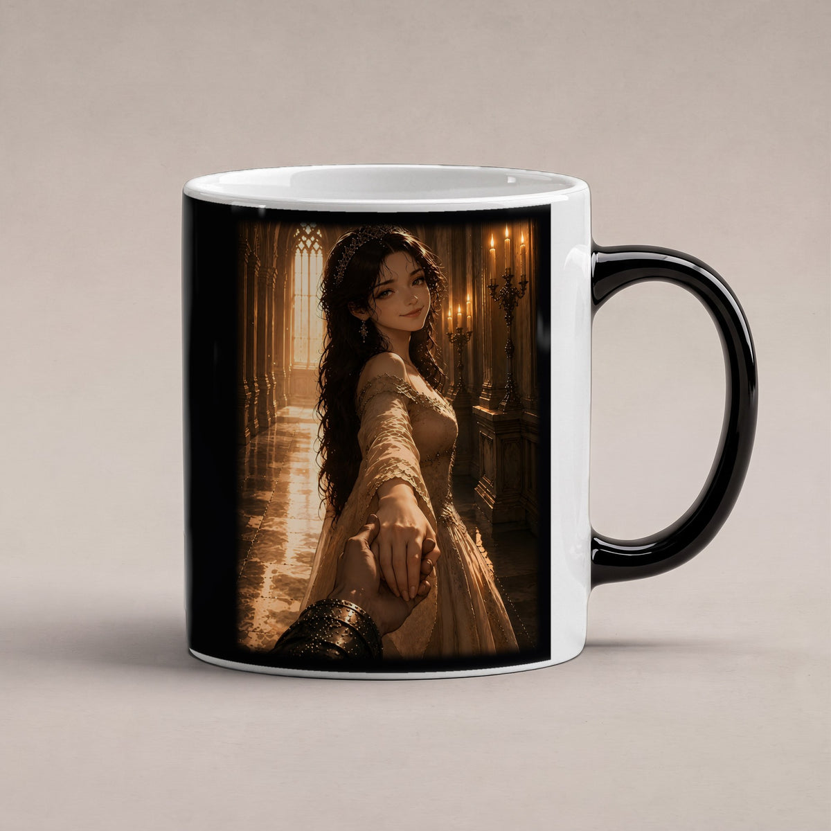 Die Braut im Kerzenlicht – Black Edition Zaubertasse mit Motiv (heiß), freigestellt