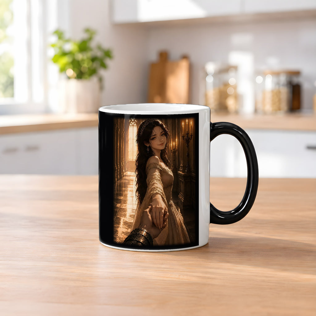 Die Braut im Kerzenlicht – Black Edition Zaubertasse mit Motiv (heiß), auf dem Küchentresen