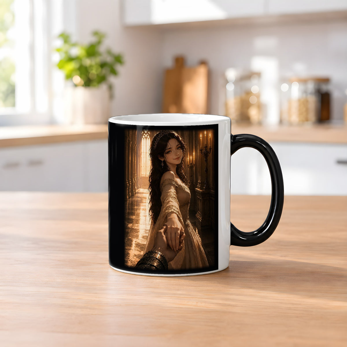 Die Braut im Kerzenlicht – Black Edition Zaubertasse mit Motiv (heiß), auf dem Küchentresen