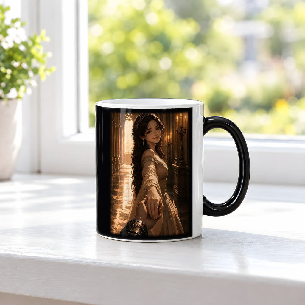 Die Braut im Kerzenlicht – Black Edition Zaubertasse mit Motiv (heiß), auf der Fensterbank