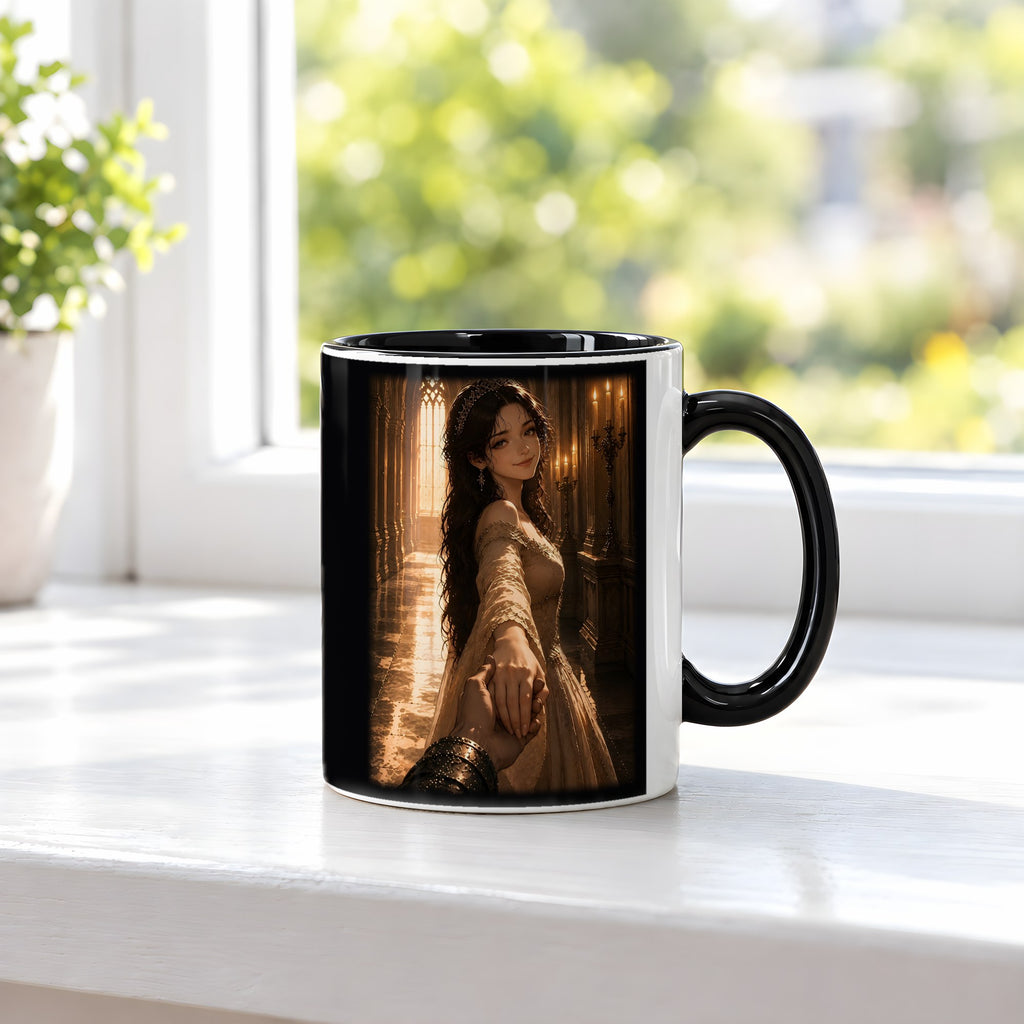 Die Braut im Kerzenlicht – Tasse innen schwarz, auf der Fensterbank