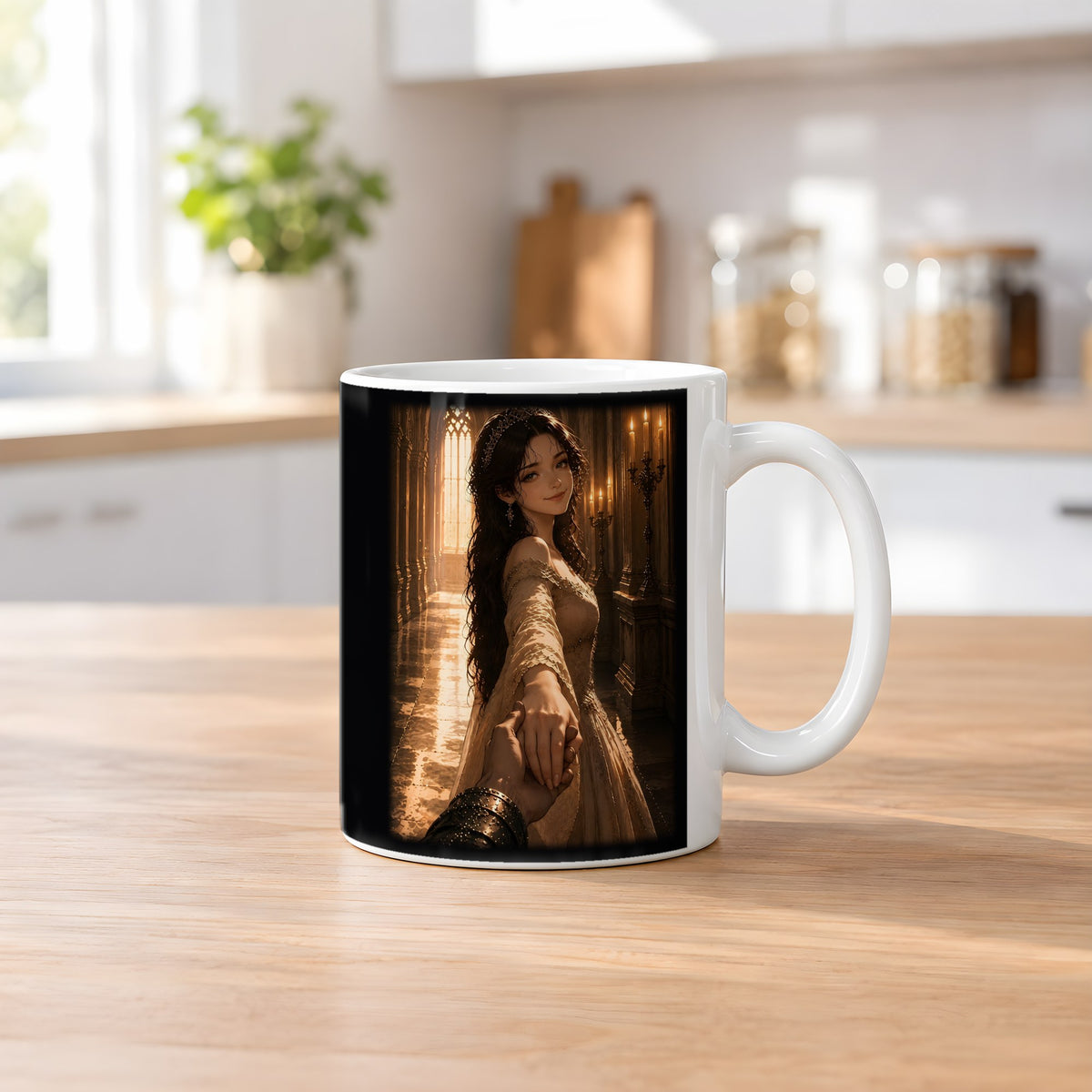 Die Braut im Kerzenlicht – weiße Tasse, auf dem Küchentresen