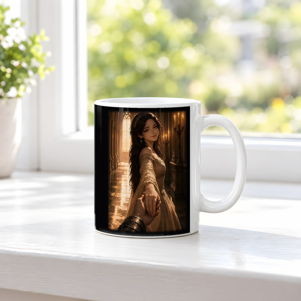 Die Braut im Kerzenlicht – weiße Tasse, auf der Fensterbank