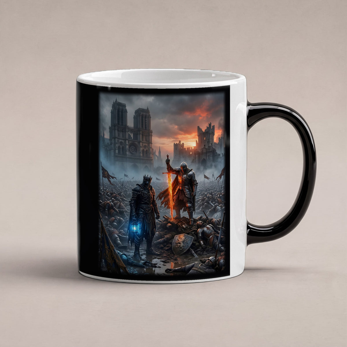 Die Letzten vor der Kathedrale – Black Edition Zaubertasse mit Motiv (heiß), freigestellt