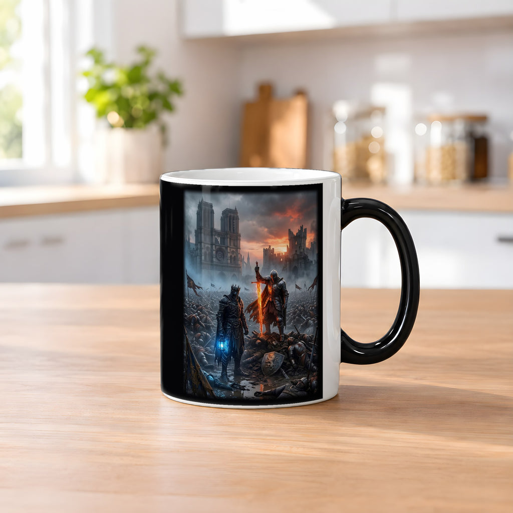 Die Letzten vor der Kathedrale – Black Edition Zaubertasse mit Motiv (heiß), auf dem Küchentresen