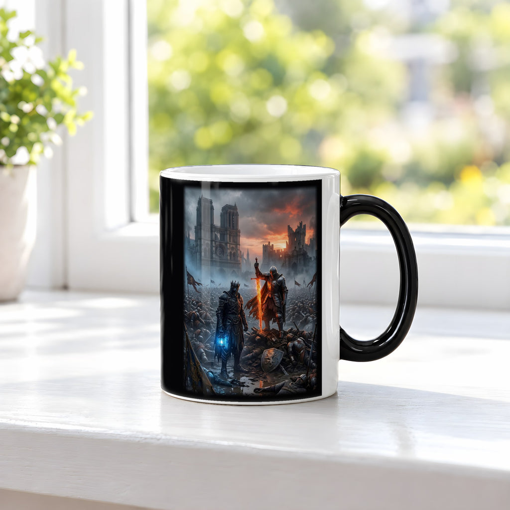 Die Letzten vor der Kathedrale – Black Edition Zaubertasse mit Motiv (heiß), auf der Fensterbank