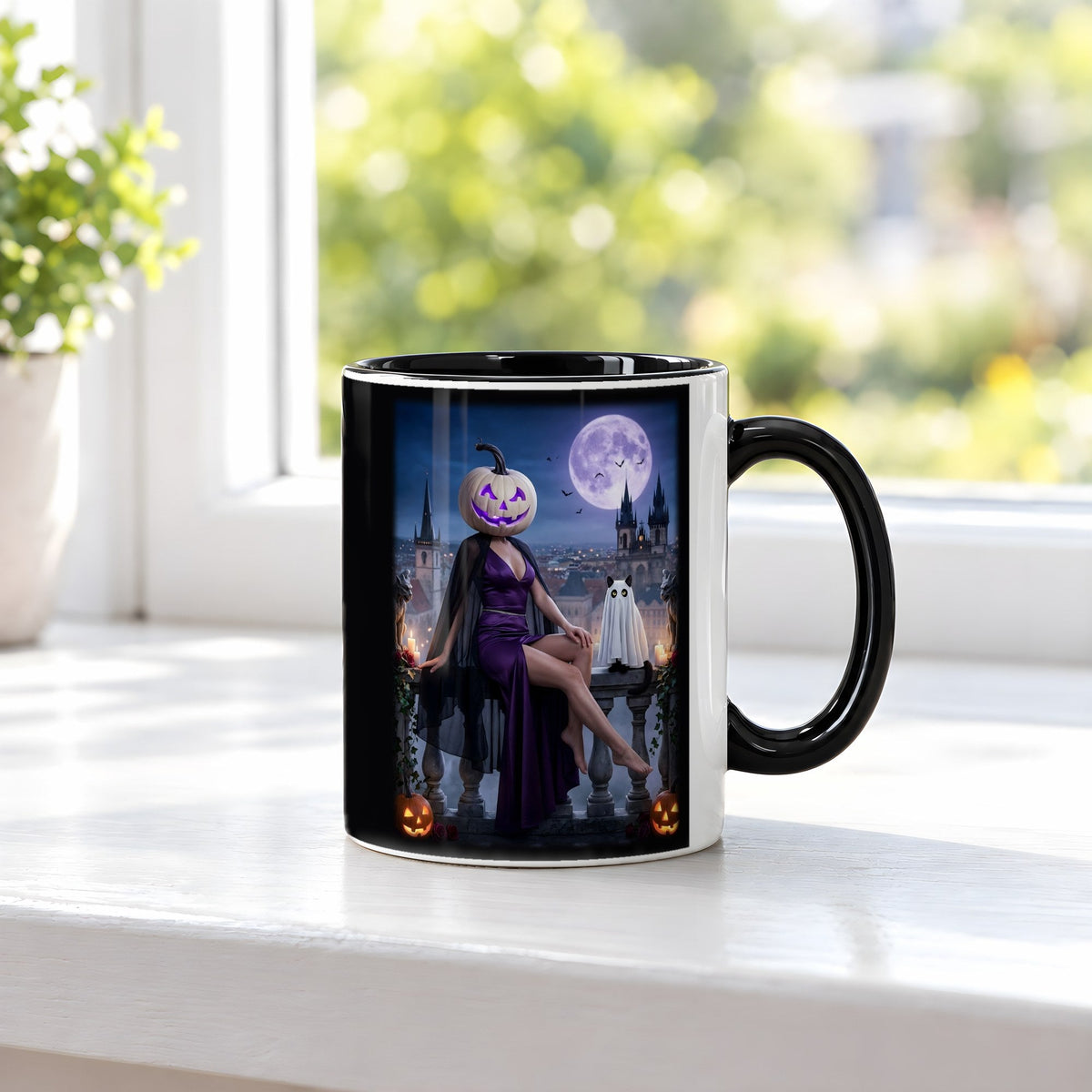 Die Balkon-Dame – Tasse innen schwarz, auf der Fensterbank