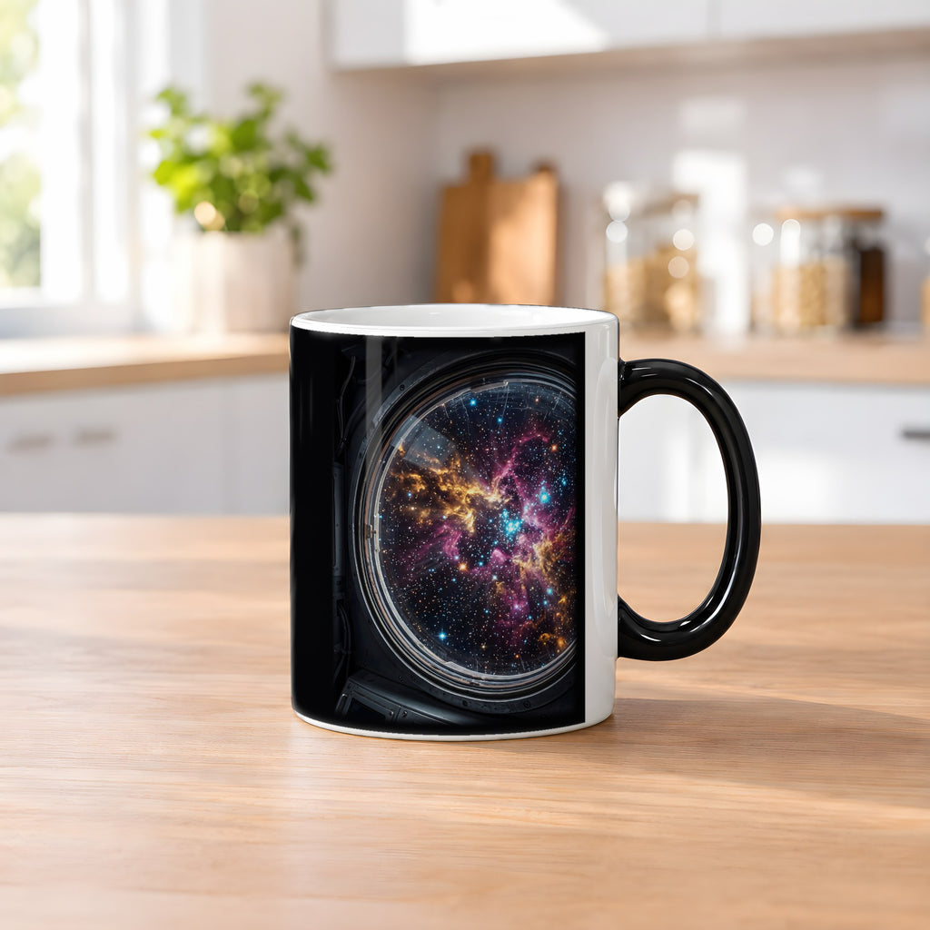 Blick durchs Bullauge – Black Edition Zaubertasse mit Motiv (heiß), auf dem Küchentresen