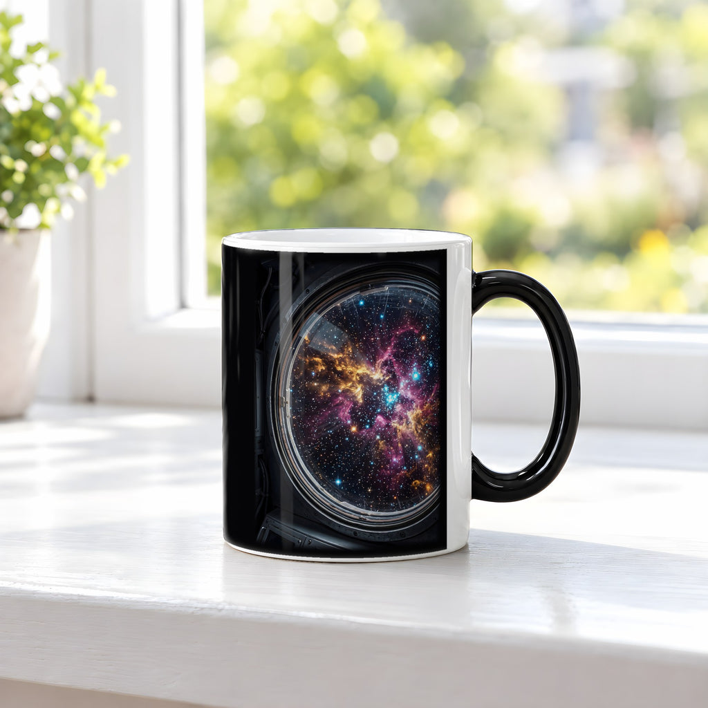 Blick durchs Bullauge – Black Edition Zaubertasse mit Motiv (heiß), auf der Fensterbank