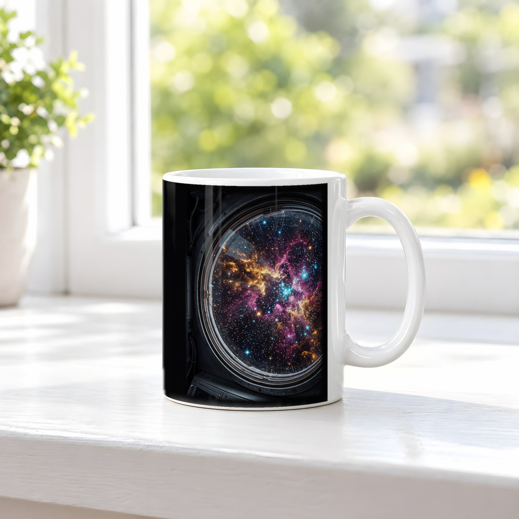 Blick durchs Bullauge – weiße Tasse, auf der Fensterbank