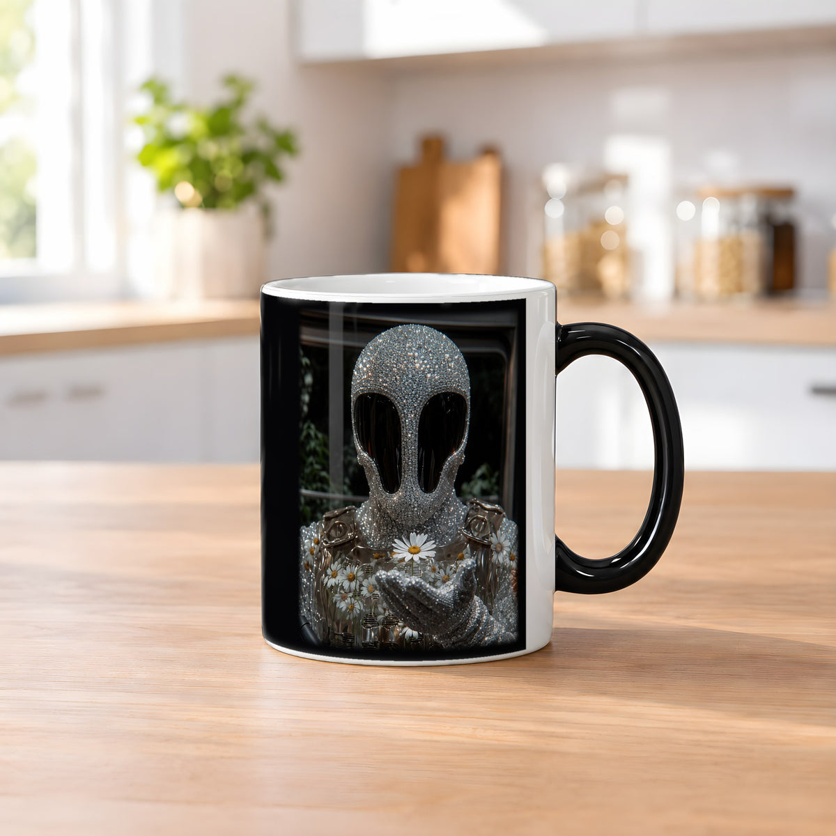 Blütenseele – Black Edition Zaubertasse mit Motiv (heiß), auf dem Küchentresen