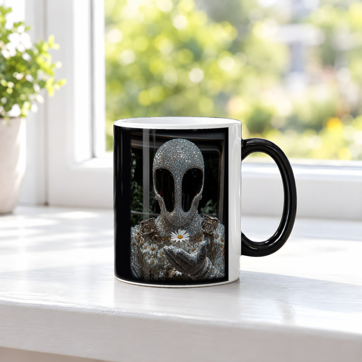 Blütenseele – Black Edition Zaubertasse mit Motiv (heiß), auf der Fensterbank