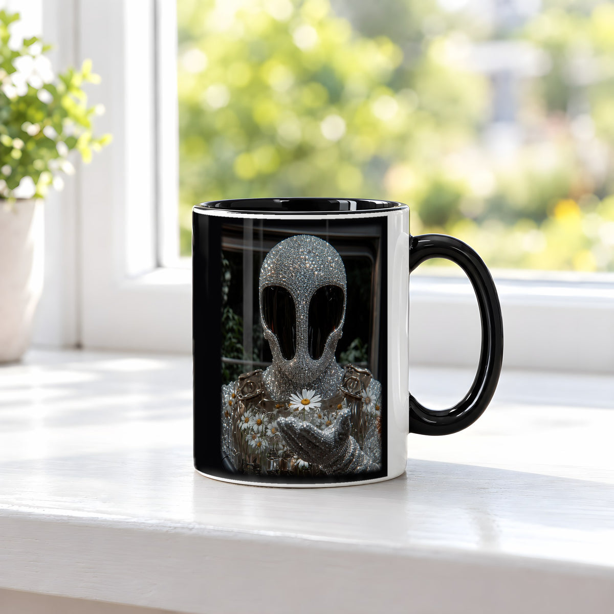 Blütenseele – Tasse innen schwarz, auf der Fensterbank