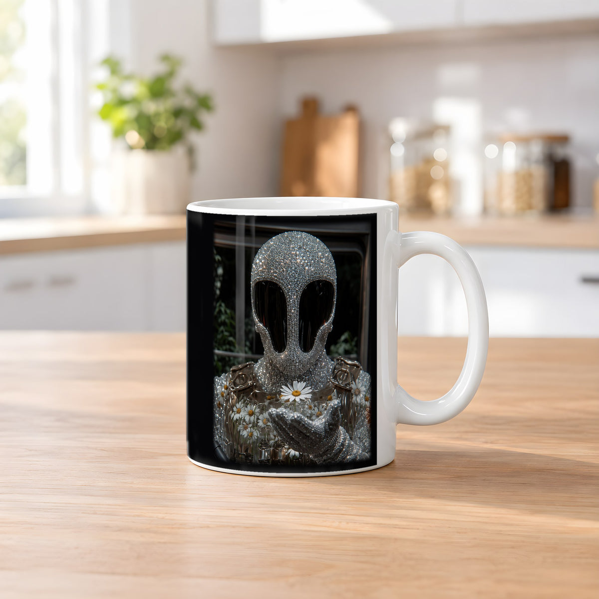 Blütenseele – weiße Tasse, auf dem Küchentresen