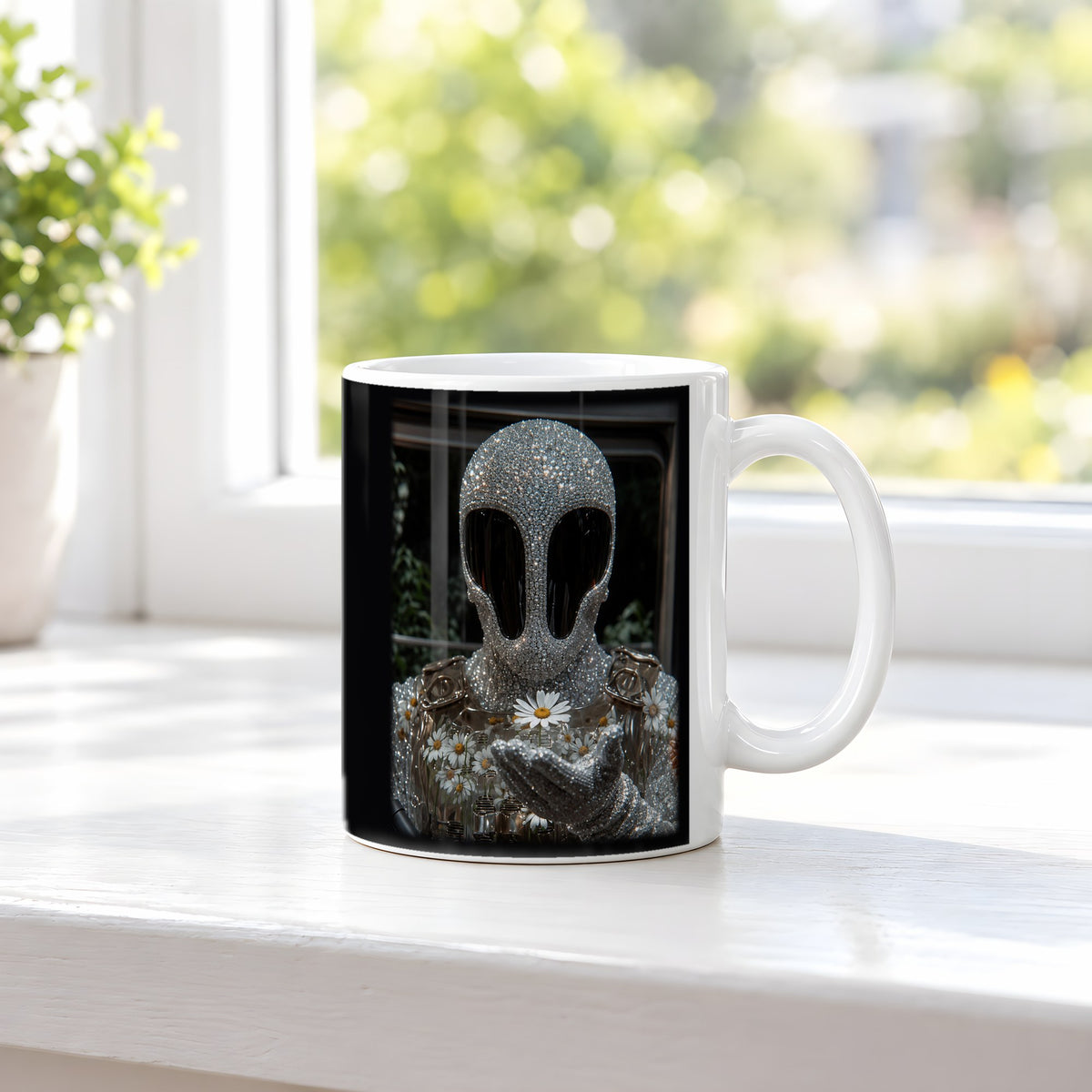 Blütenseele – weiße Tasse, auf der Fensterbank
