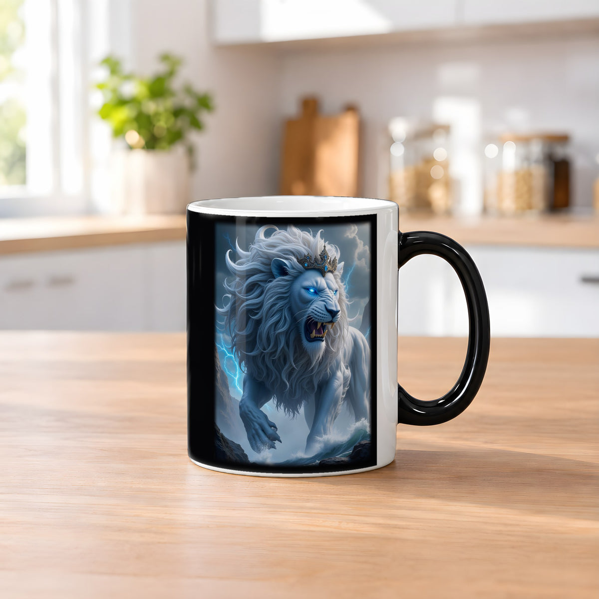 Der Blitzlöwe – Black Edition Zaubertasse mit Motiv (heiß), auf dem Küchentresen