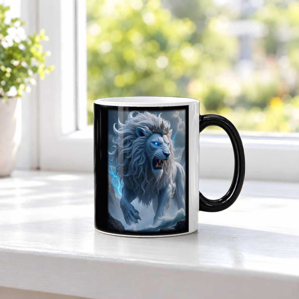 Der Blitzlöwe – Black Edition Zaubertasse mit Motiv (heiß), auf der Fensterbank