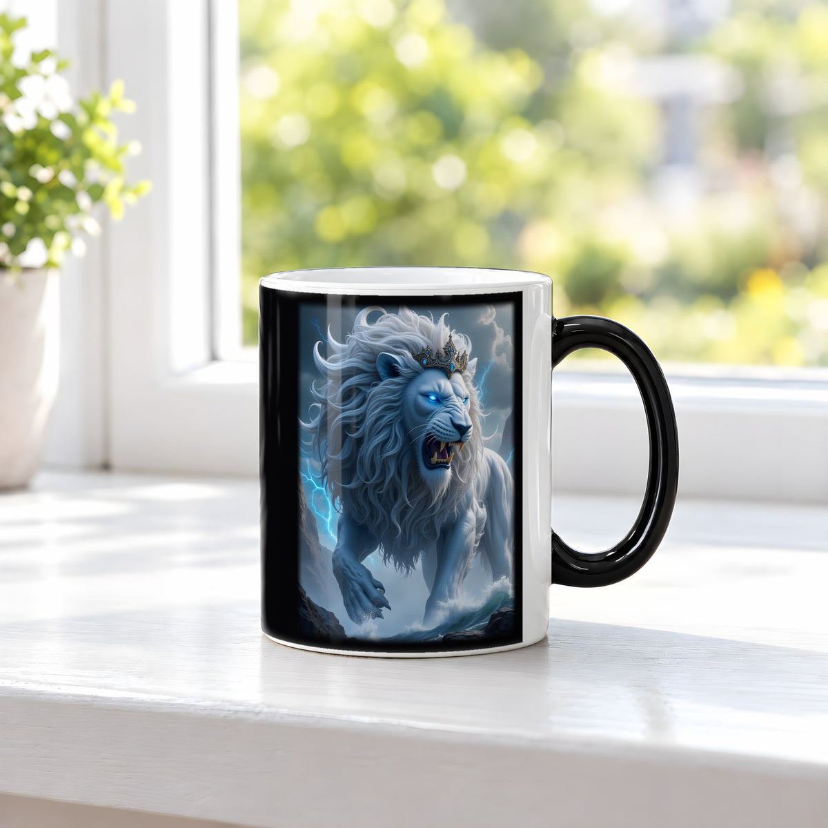 Der Blitzlöwe – Black Edition Zaubertasse mit Motiv (heiß), auf der Fensterbank