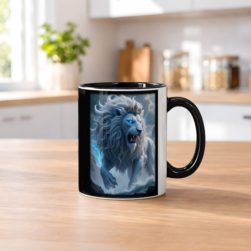 Der Blitzlöwe – Tasse innen schwarz, auf dem Küchentresen